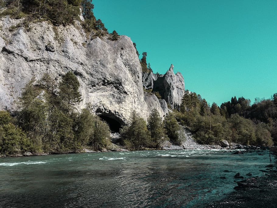 river, wallpaper, rocks, forest, blue, switzerland, rohne, rotten HD wallpaper