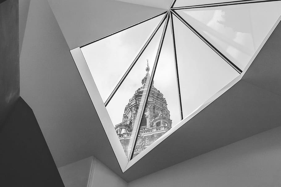 indoors, no people, architecture, low angle view, glass - material HD wallpaper
