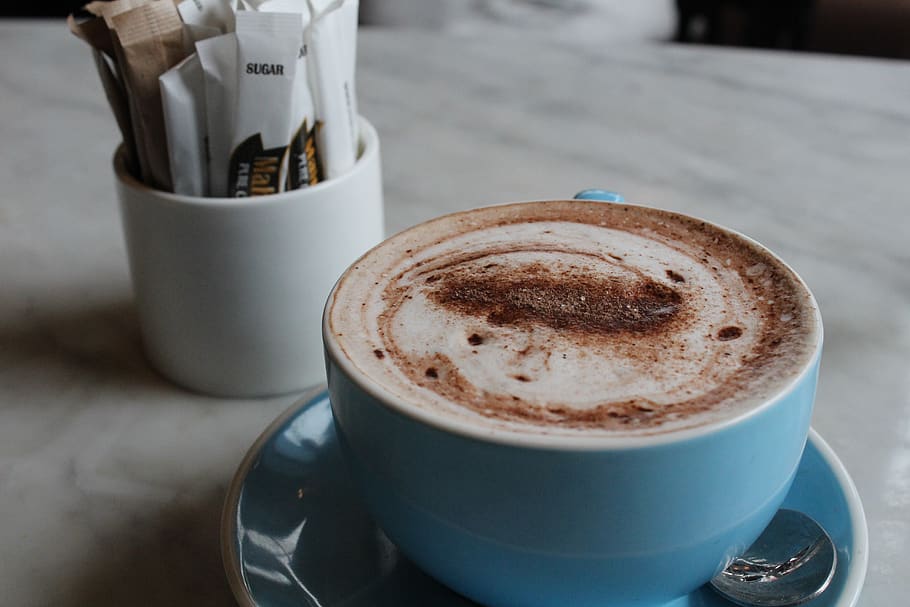 blue ceramic mug on saucer, latte, coffee cup, drink, beverage HD wallpaper