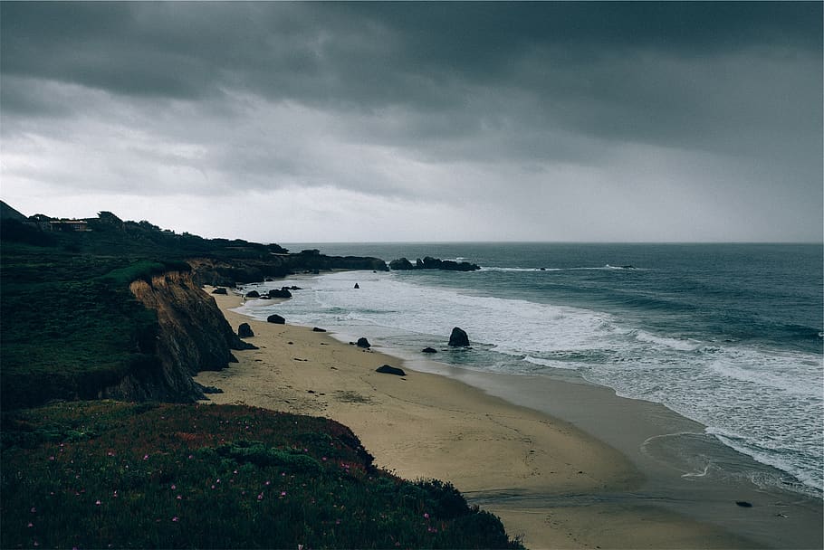 beach, sand, shore, waves, water, ocean, sea, storm, cloudy HD wallpaper