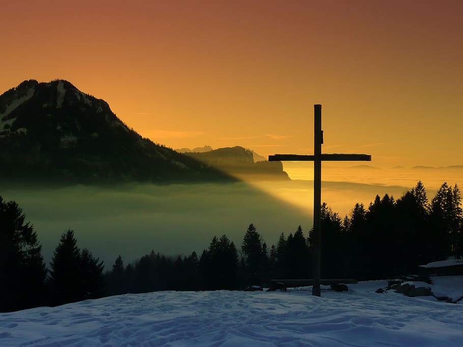 sunset, mountains, summit cross, selva marine, beauty in nature HD wallpaper