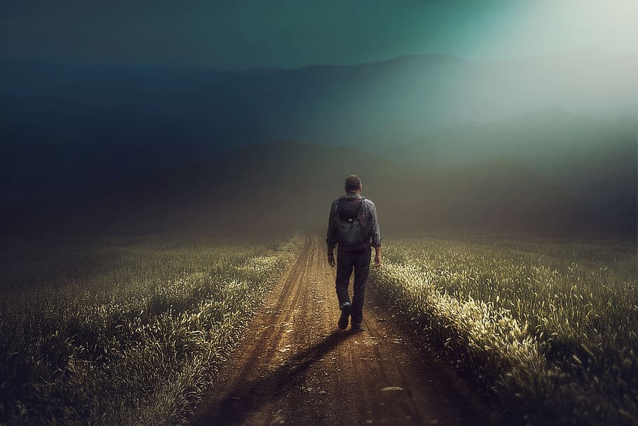 man, poster, land, blue, art, rear view, one person, real people HD wallpaper