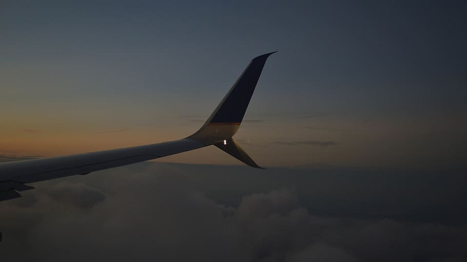 airplane, flight, wing, clouds, sunset, sky, air vehicle, mode of transportation HD wallpaper
