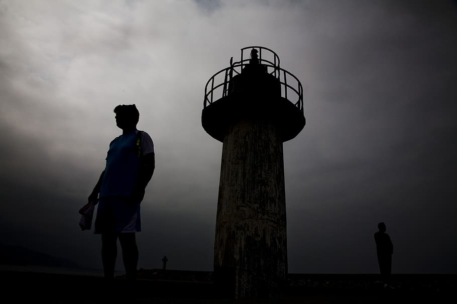 lighthouse, silhouette, marine, sky, tower, beach, lanterns HD wallpaper