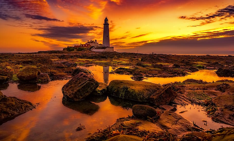 White Lighthouse during Golden Hour, beach, clouds, concrete structure HD wallpaper