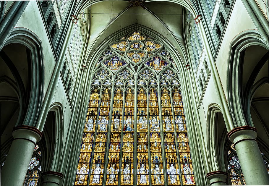 Gray and Yellow Cathedral Interior, arches, architecture, art HD wallpaper