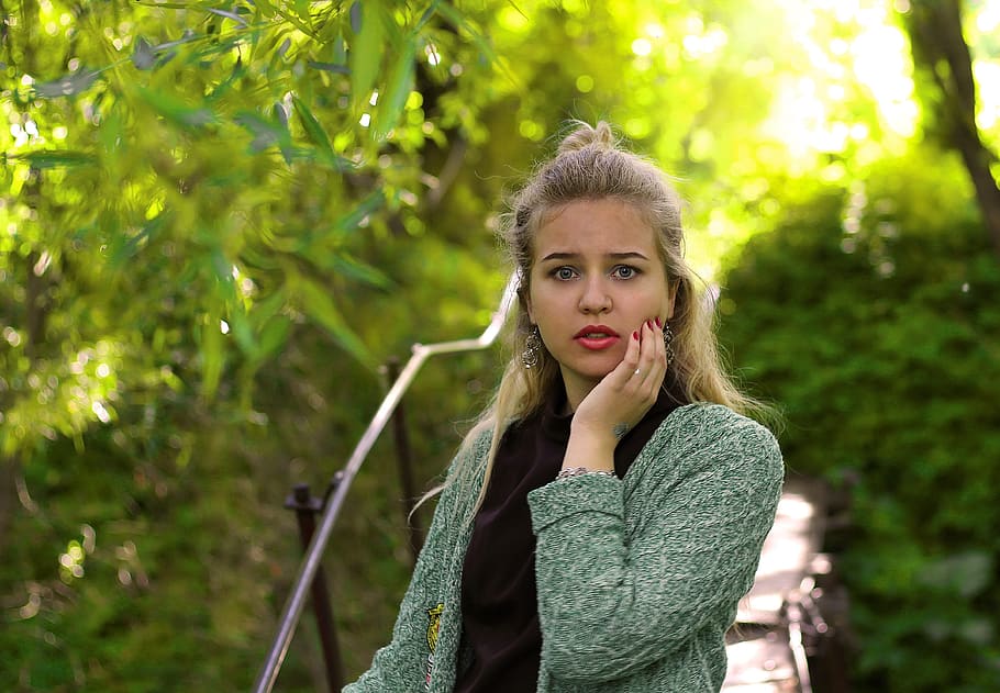 girl, portrait, model, forest, looking at camera, young adult HD wallpaper