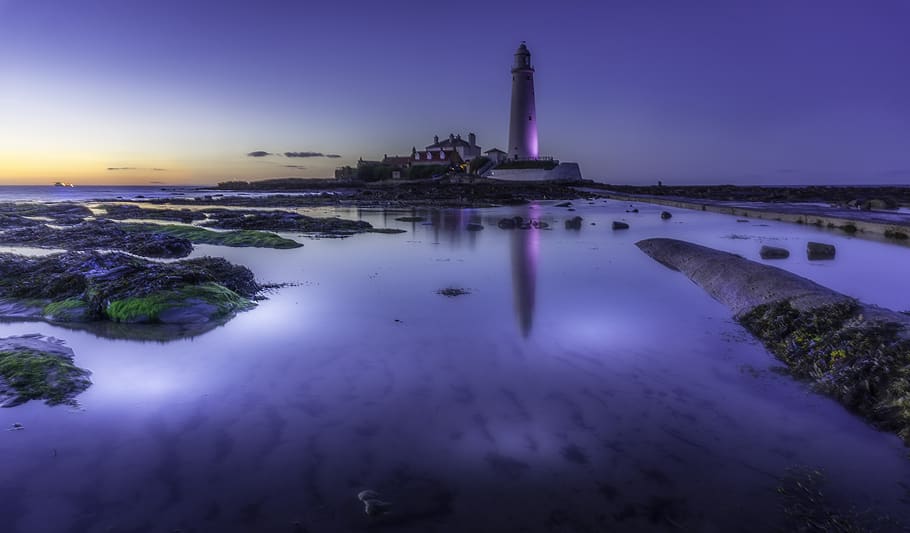 White Lighthouse Beside Body of Water, architecture, beach, blue HD wallpaper