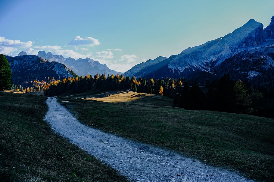 Gray Pathway Between Green Grasses Near Snow Capped Mountain HD wallpaper