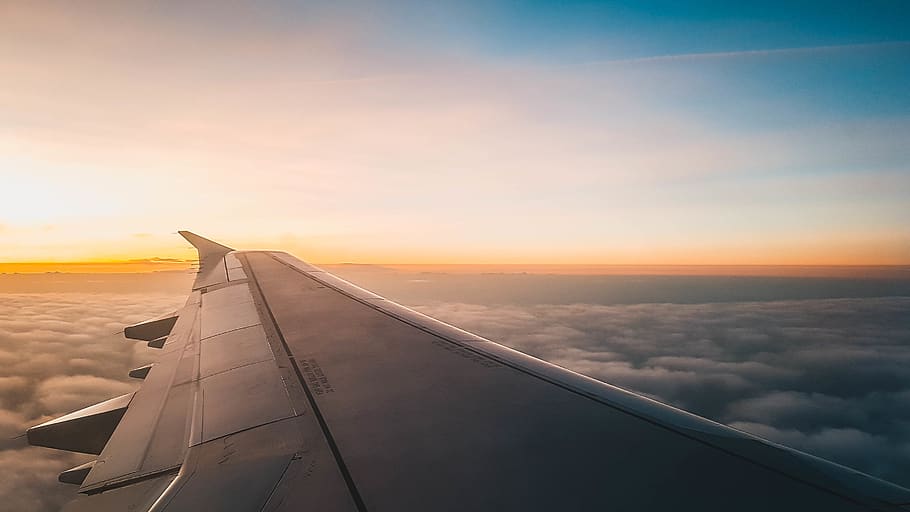 plane, airplane, wing, sky, outside, flight, fly, sunrise, morning HD wallpaper