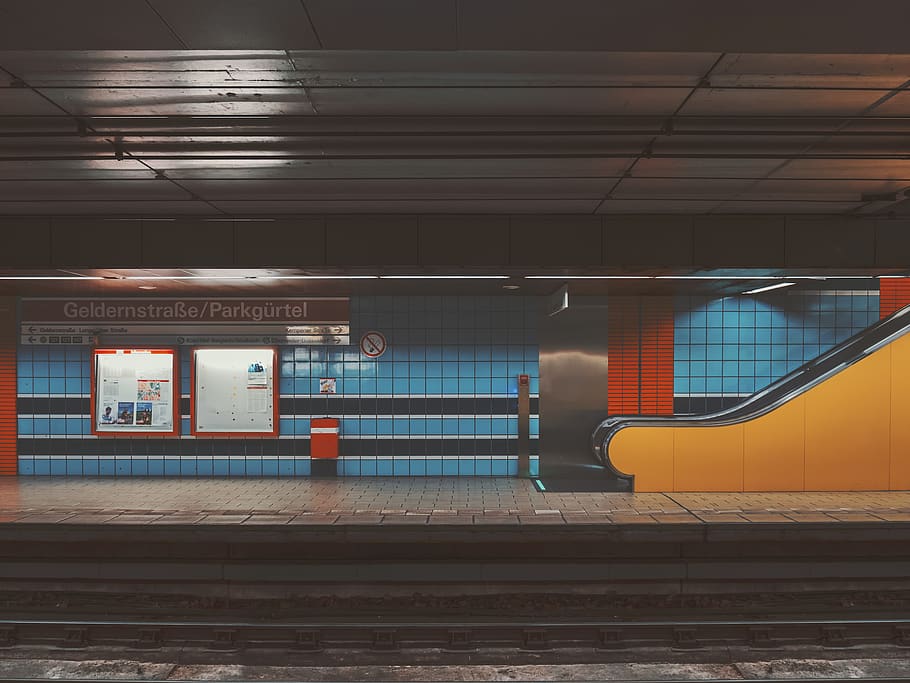 places, train, station, subway, blue, orange, yellow, rail transportation HD wallpaper