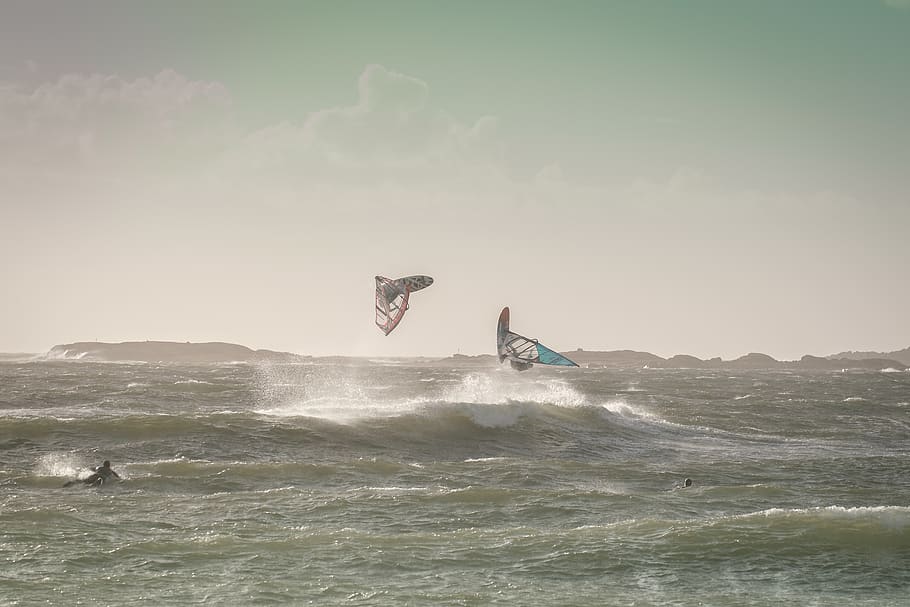 sweden, varberg, sunshine, water, nature, windsurfing, windsurfers HD wallpaper