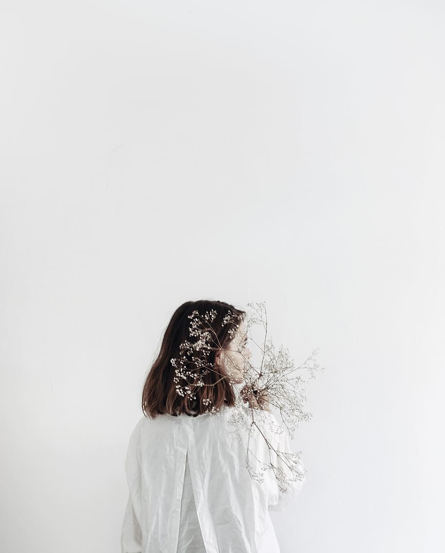woman in white dress, minimal, flower, clean, minimalism, girl HD wallpaper
