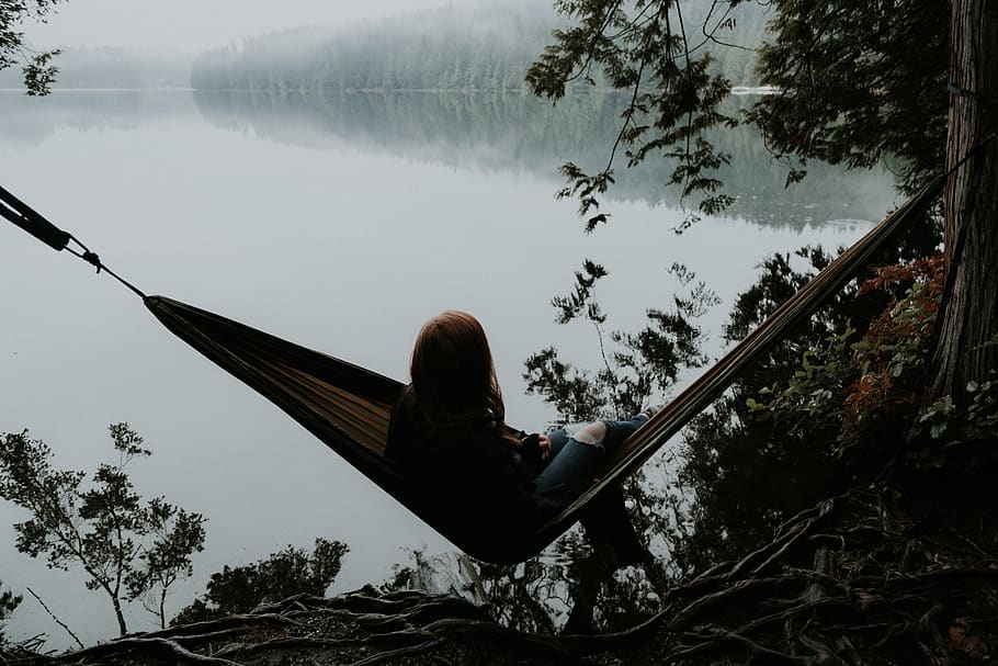 woman sitting on hammock while facing backwards, reflection, tree HD wallpaper