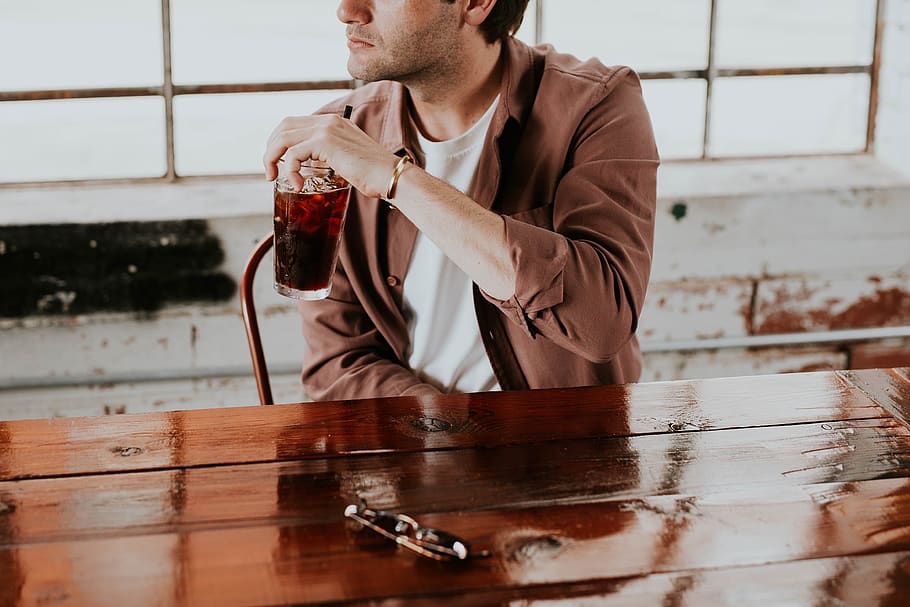 people, man, guy, alone, cafe, restaurant, wooden, table, soda HD wallpaper