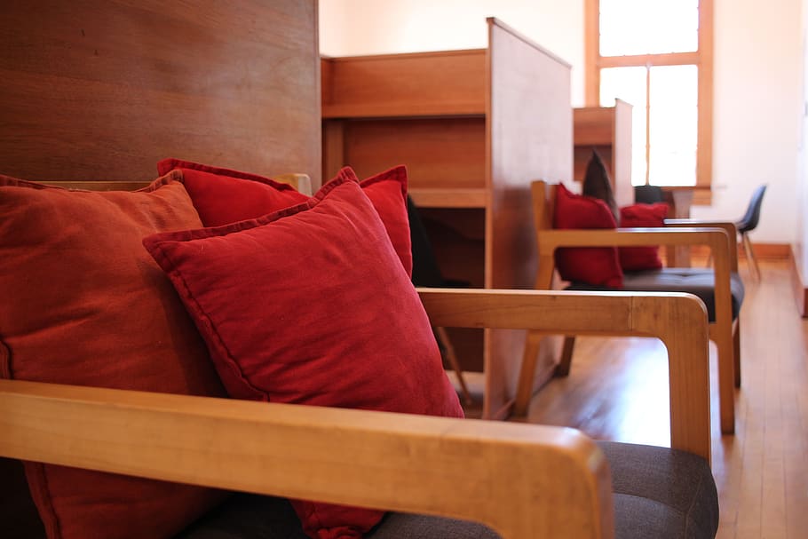 armchairs, cushions, library, furniture, seat, indoors, absence HD wallpaper
