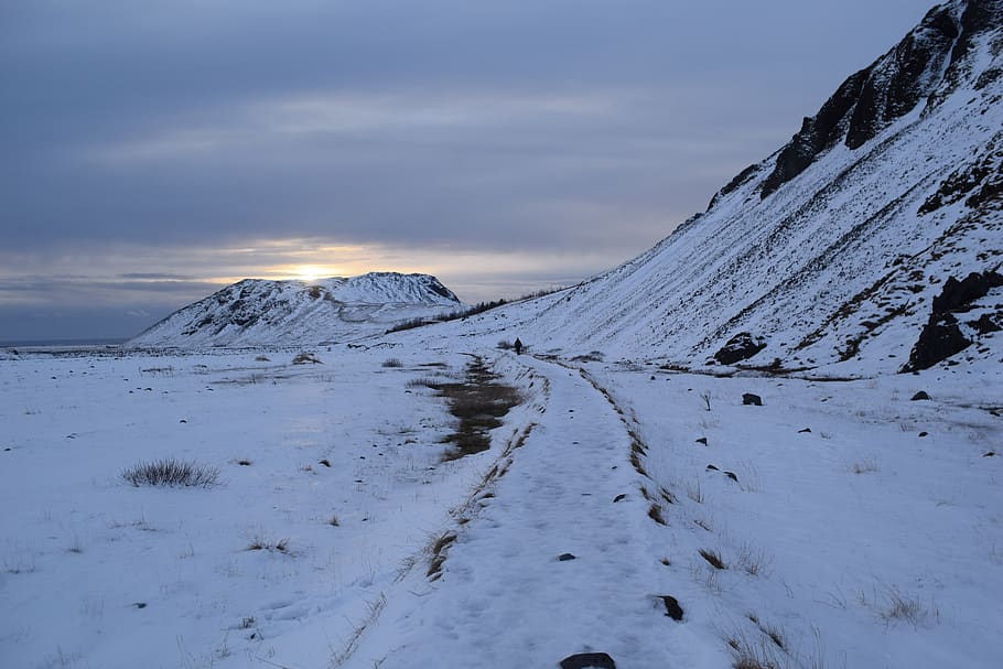 iceland, winter, south, path, snow, sunset, landscape, scenic HD wallpaper
