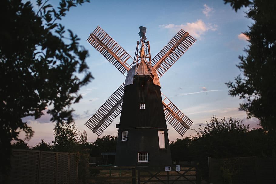 windmill, dusk, renewable energy, alternative energy, sky, tree HD wallpaper