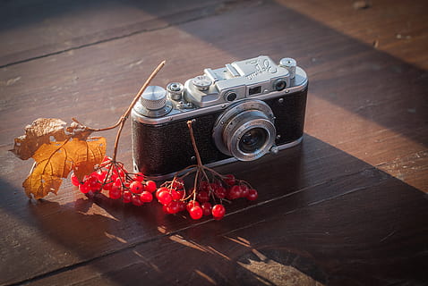 black camera beside cherries, wood, electronics, hardwood, strap HD wallpaper