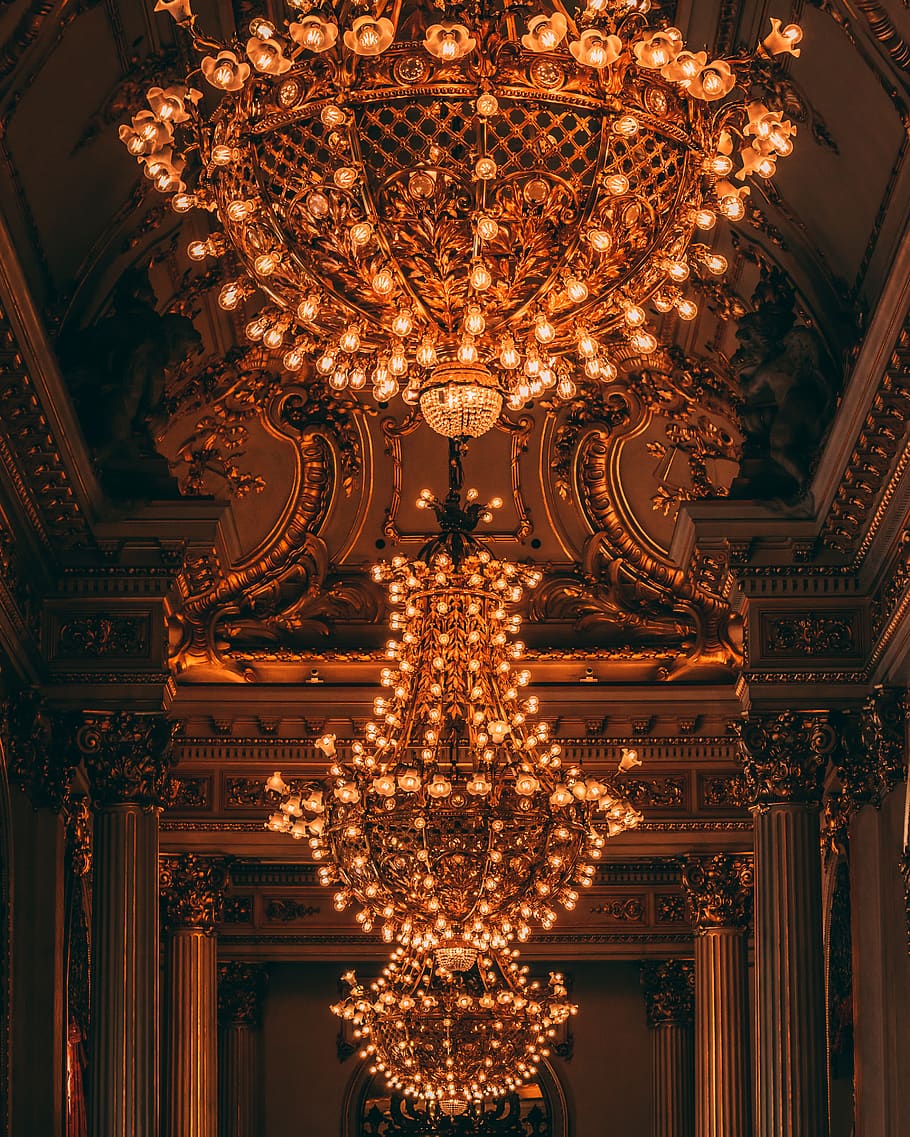 yellow chandelier, lighting equipment, illuminated, ceiling, decoration HD wallpaper