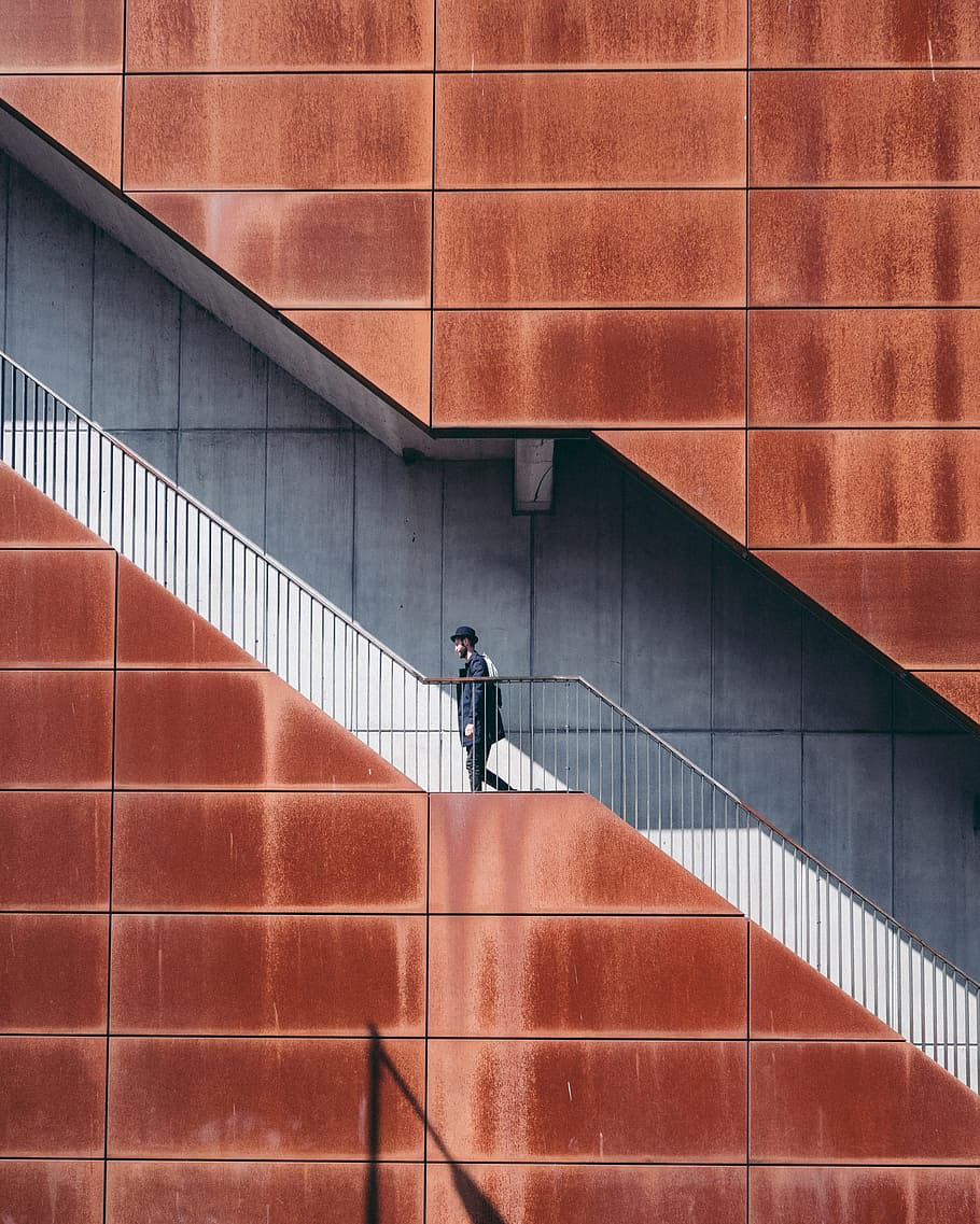 Minimal Red Stairs, man, male, steps, railing, building, architecture HD wallpaper