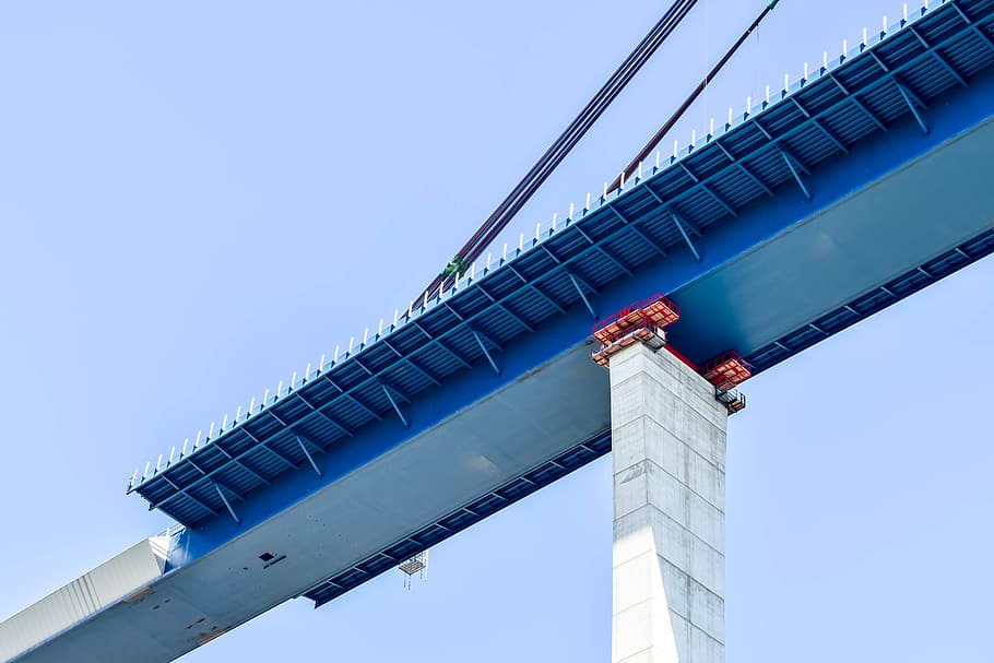 bridge, construction, concrete, pillar, cables, steel, red