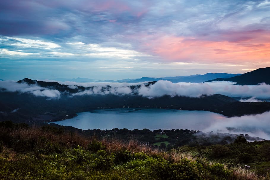 Bird's Eye Photo Of Mountain And Body Of Water, clouds, dawn HD wallpaper