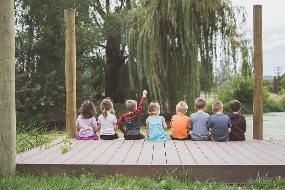 children sitting on dock, group of people, men, real people, women HD wallpaper