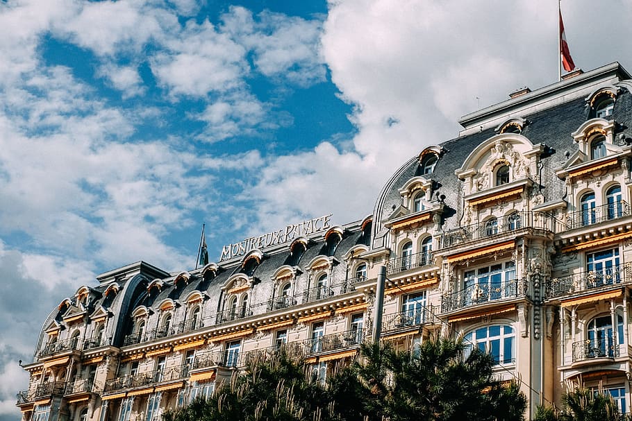 A hotel in Montreux, Switzerland, alps, architecture, awning HD wallpaper