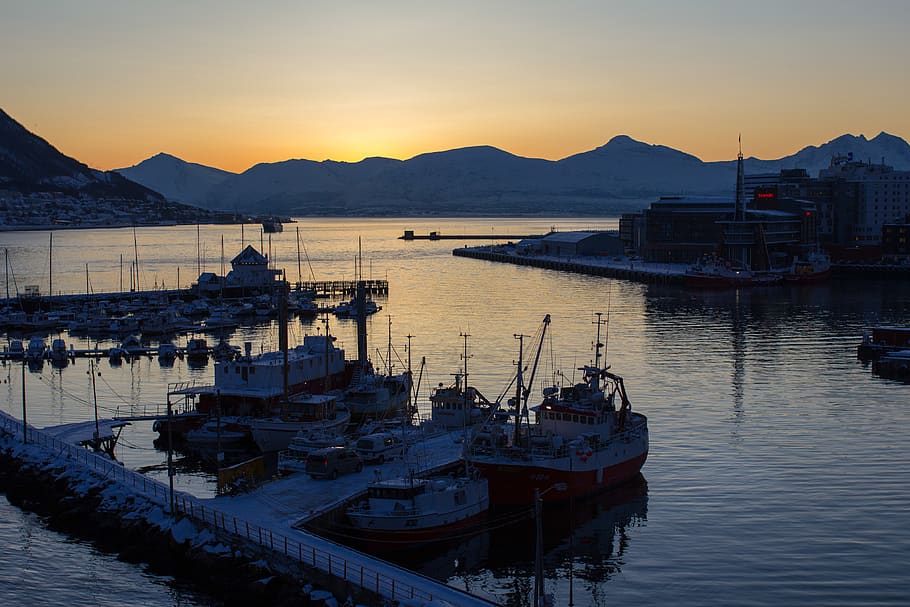 norway, tromsø, water, sunset, fjord, boat, snow, arctic, mountains HD wallpaper