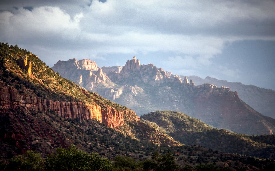 mountains, range, rocks, red, sky, clouds, scenics - nature HD wallpaper