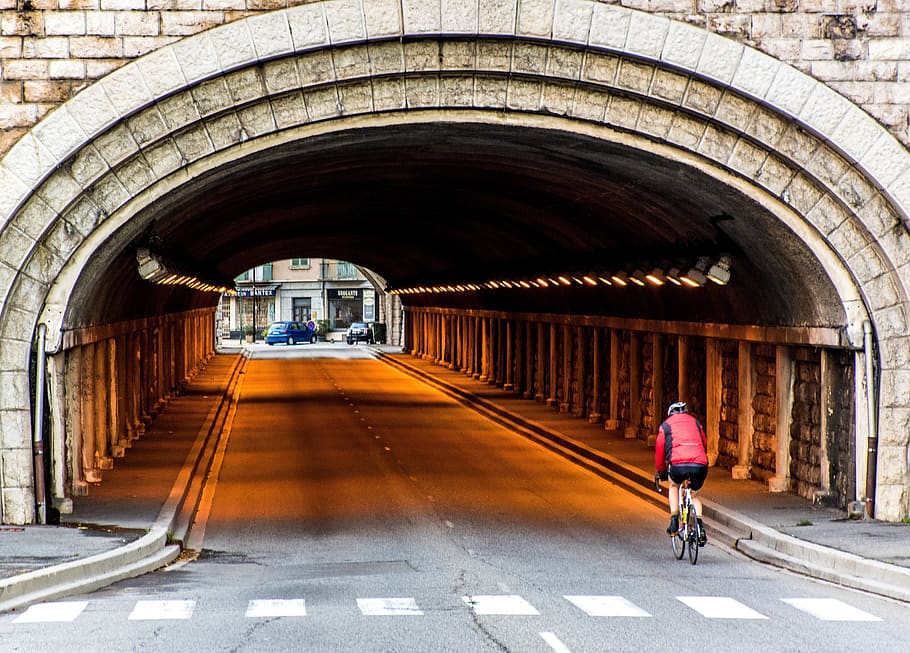 tunnel, cyclist, riding a bike, roadway, crosswalk, sisteron, HD wallpaper