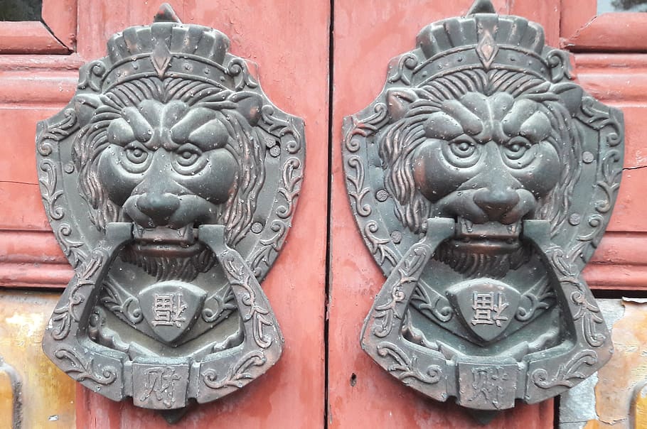 china, lion, door, handle, representation, art and craft, animal representation HD wallpaper