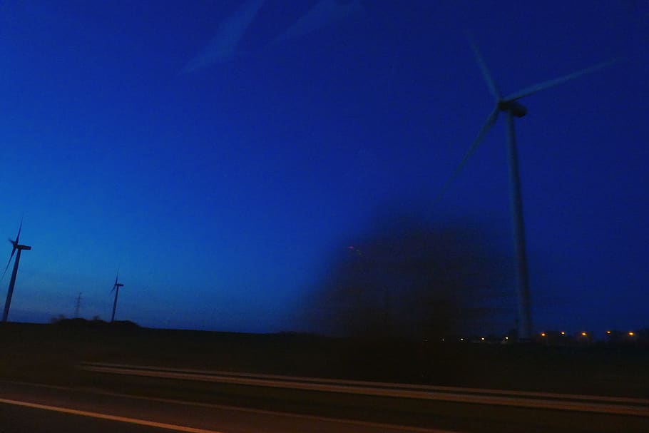 windmill, dusk, speed, highway, blue sky, fuel and power generation HD wallpaper