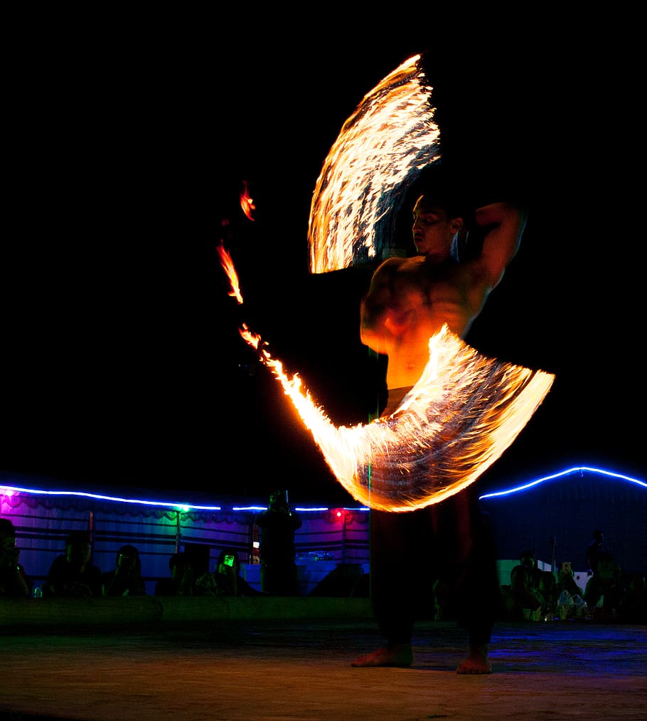 fire, light, man, desert, show, night, burning, arts culture and entertainment HD wallpaper