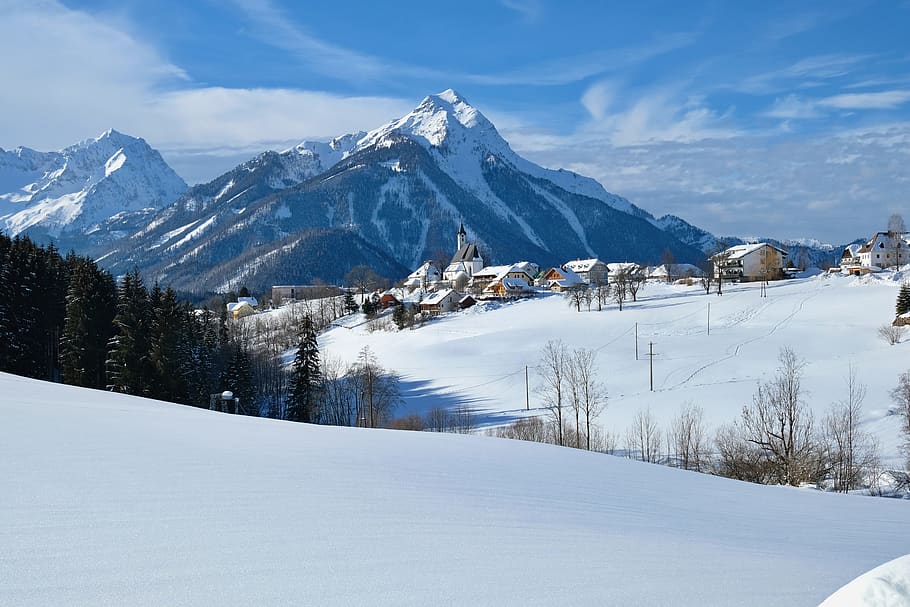 snow, landscape, mountains, village, winter, wintry, nature HD wallpaper