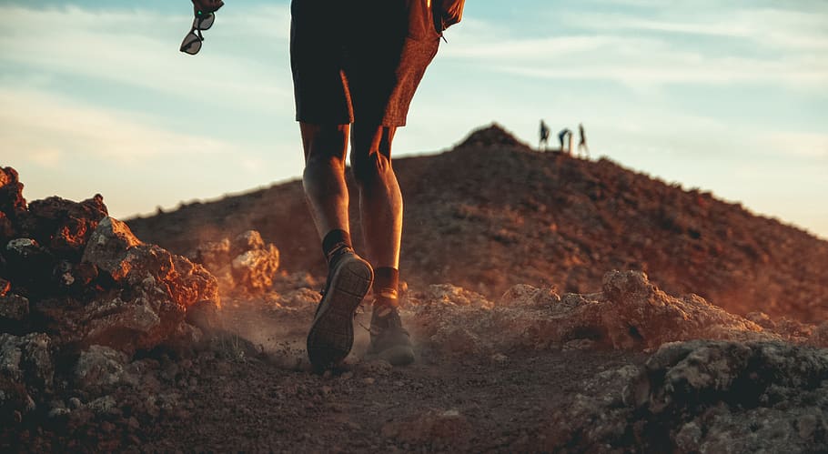 man on trail, human leg, low section, body part, sky, human body part HD wallpaper