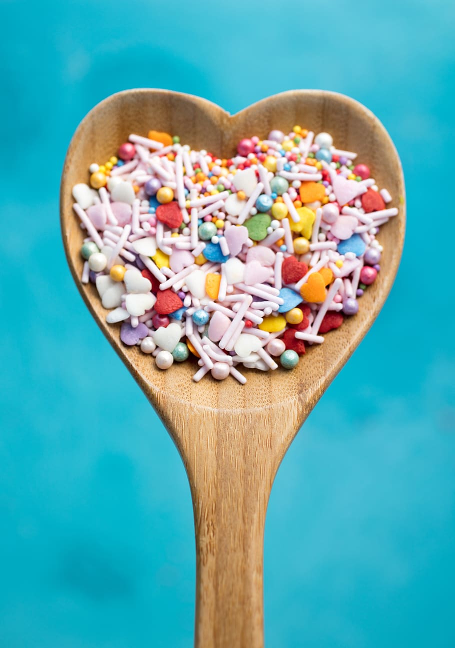 assorted candies, cutlery, spoon, medication, pill, sprinkles HD wallpaper