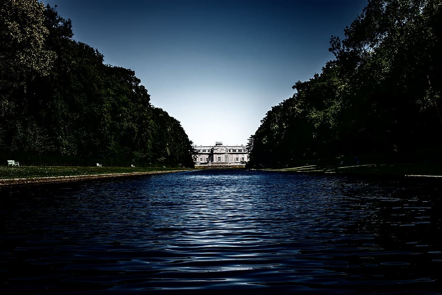 park, castle, river, waters, night, dark, twilight, romantic HD wallpaper