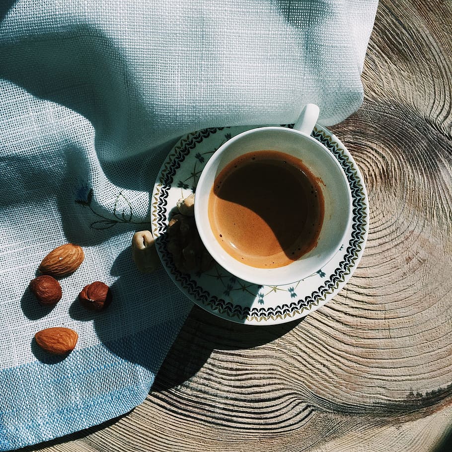 almonds, blue, brown, coffee, cups, gray, lights, tables, white HD wallpaper