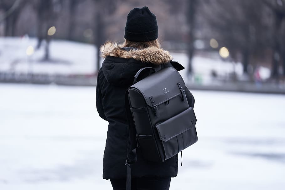 cold, snow, landscape, nature, back view, backpack, backpacker HD wallpaper