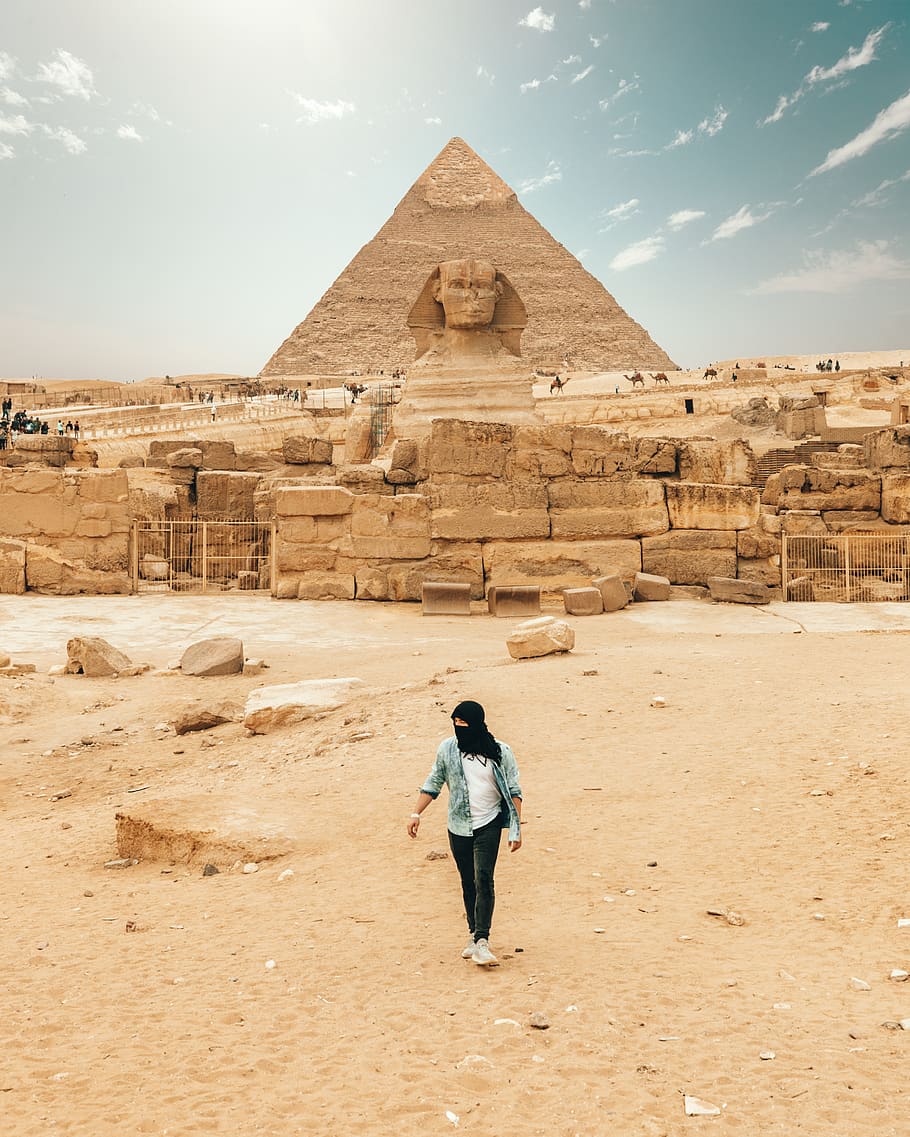 person standing in front of The Great Spinx, Egypt, human, building, HD wallpaper