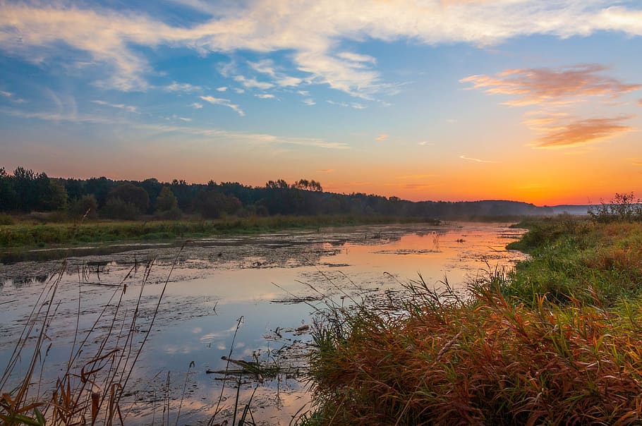 sunrise, river, sky, landscape, water, nature, the sun, in the morning HD wallpaper
