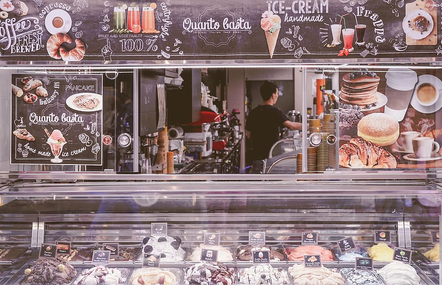Man Inside Store, commerce, cone, cream, displayed, food, ice HD wallpaper