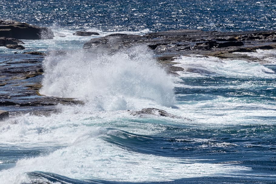 ocean, wave, sea, surf, rocks, coast, spray, water, blue, motion HD wallpaper