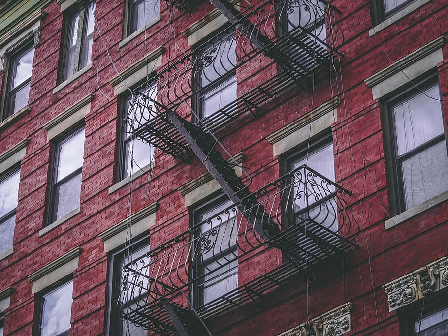 red painted building, banister, handrail, urban, staircase, brick HD wallpaper