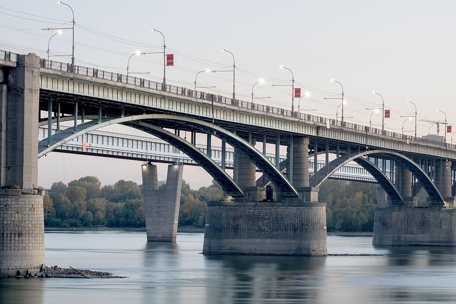 bridge, river, ob, twilight, novosibirsk, connection, bridge - man made structure, HD wallpaper