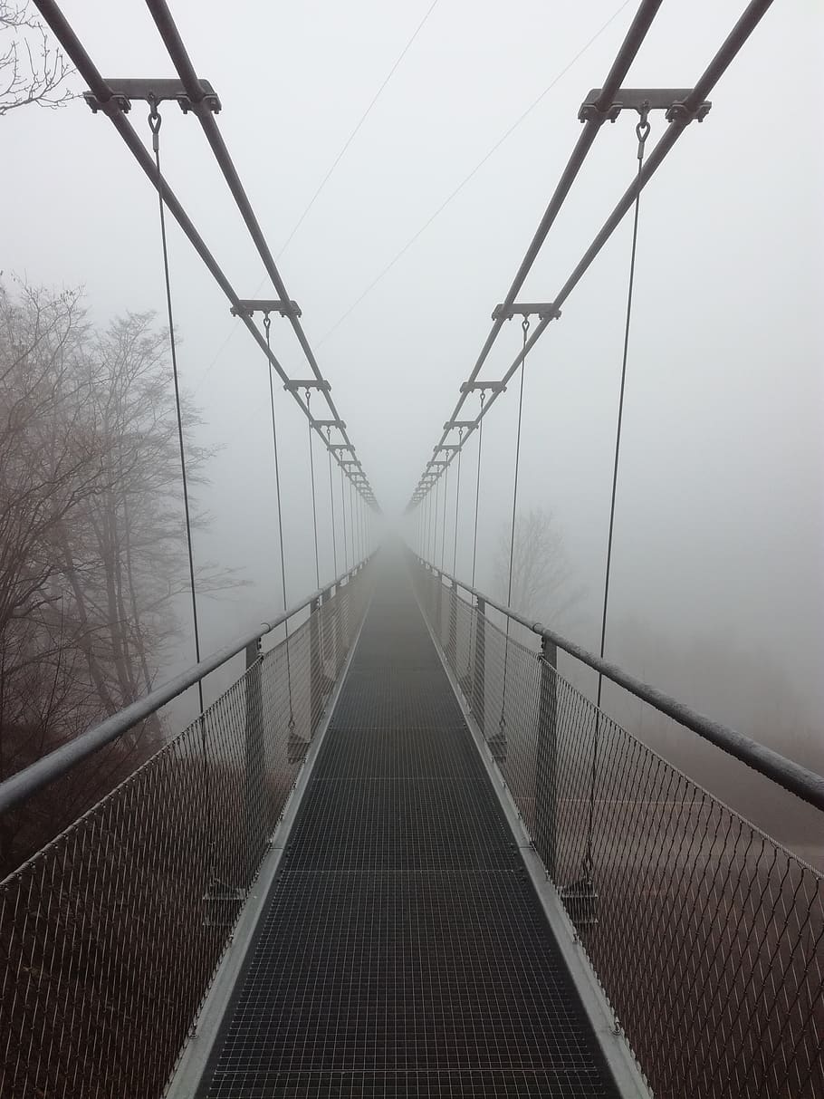 fog, crap, bridge, suspension bridge, scary, mysterious, symmetry, HD wallpaper