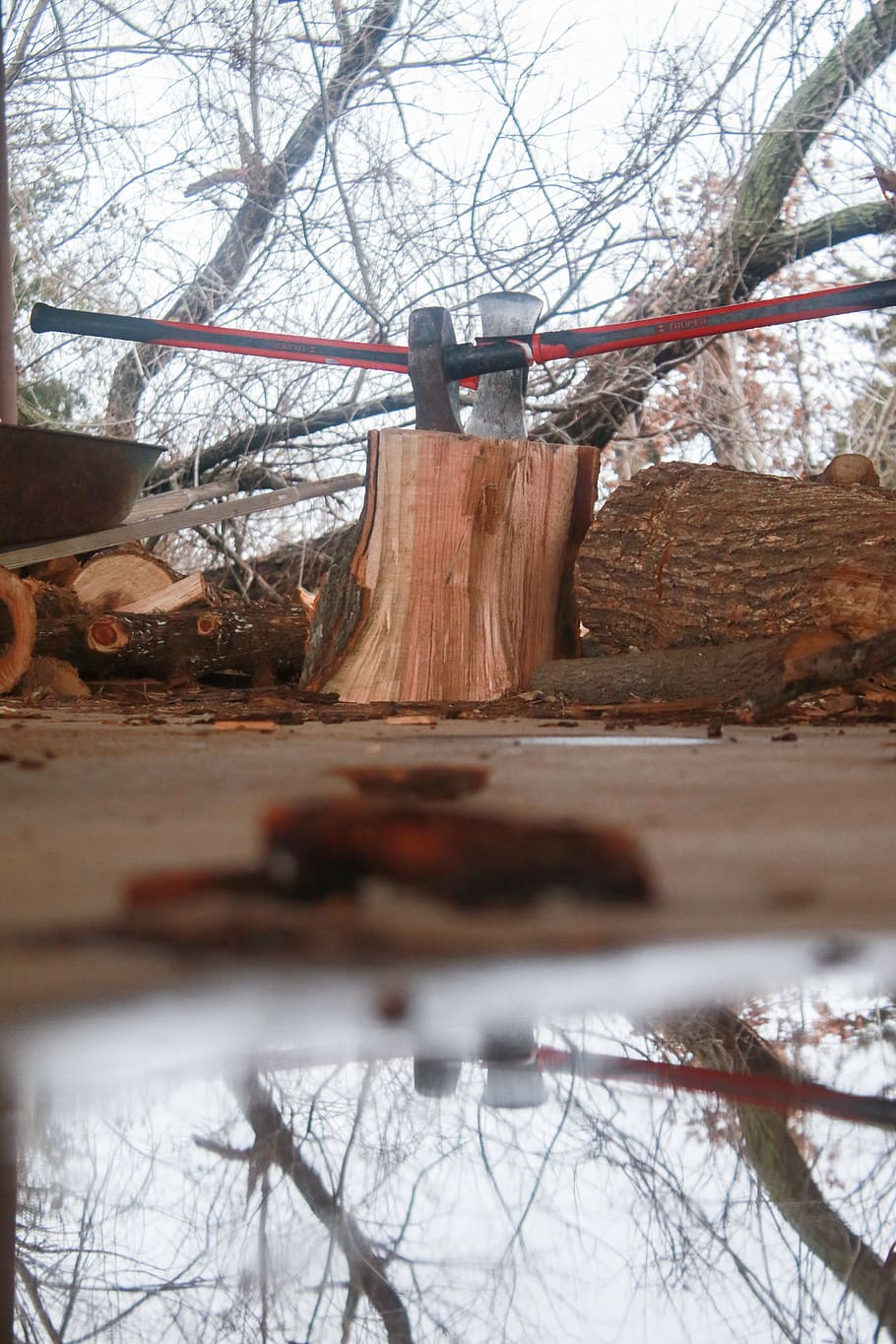 wood, tree stump, log, reflection, water, axe, vehicle, transportation HD wallpaper