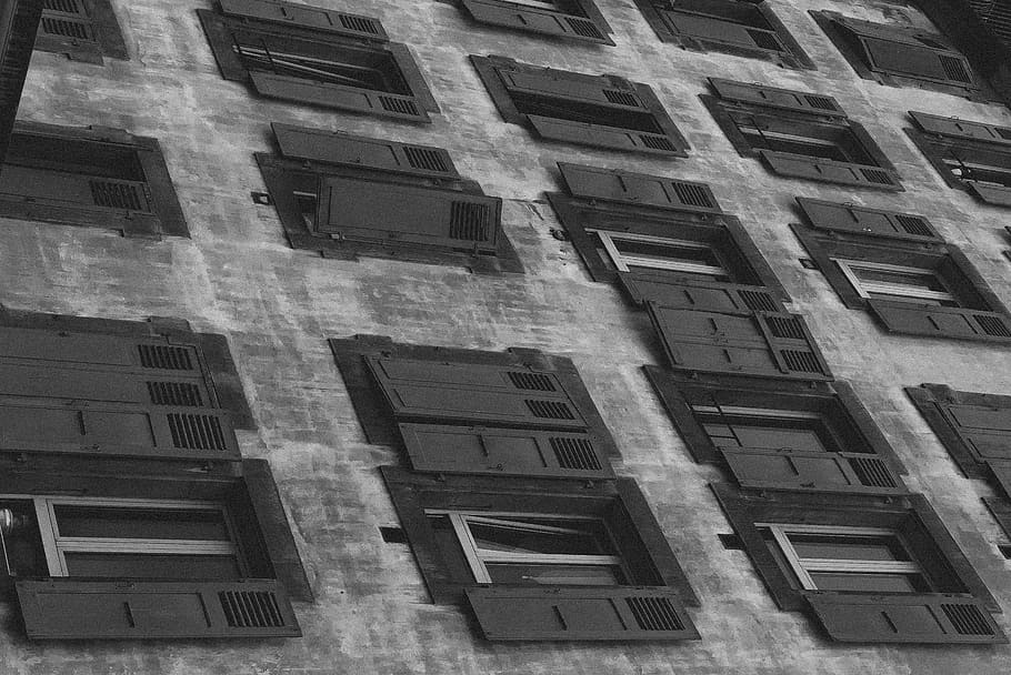 windows, building, façade, shutters, wood shutters, black and white HD wallpaper